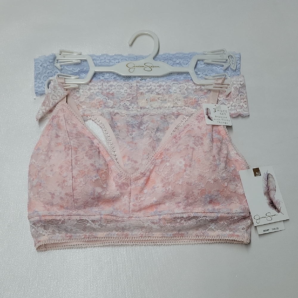 Pink and Blue Lace Bralette With Flirty Thongs Set